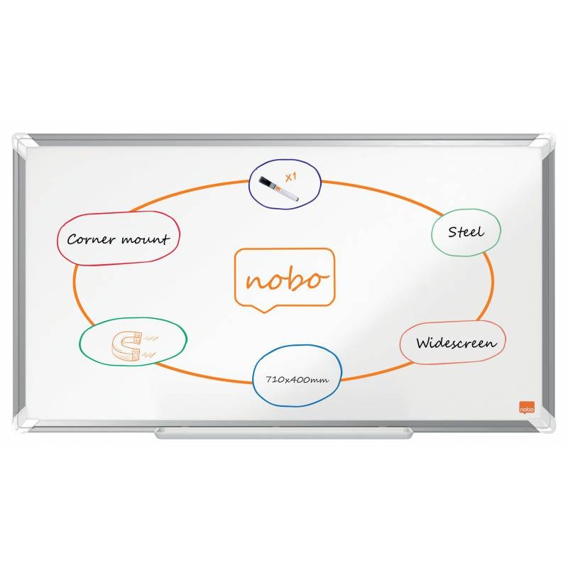 Nobo Premium Plus Tableau Blanc Magnétique Panoramique Acier Laqué 710x400mm - Montage en Angle - Blanc