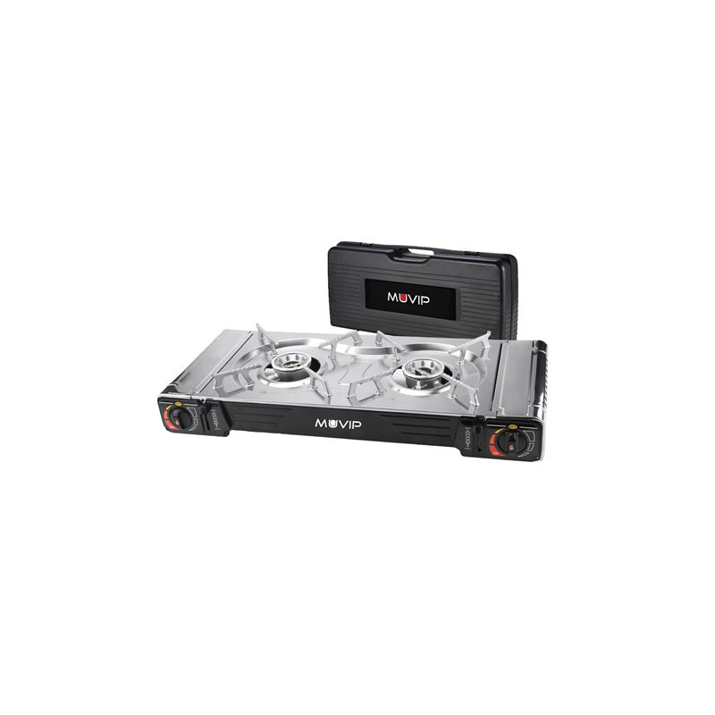 Cuisinière à gaz portable Muvip 2 brûleurs - Double cylindre - Allumage automatique - Brûleur en aluminium - Double valve étanch