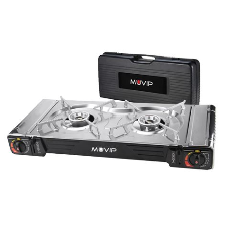 Cuisinière à gaz portable Muvip 2 brûleurs - Double cylindre - Allumage automatique - Brûleur en aluminium - Double valve étanch