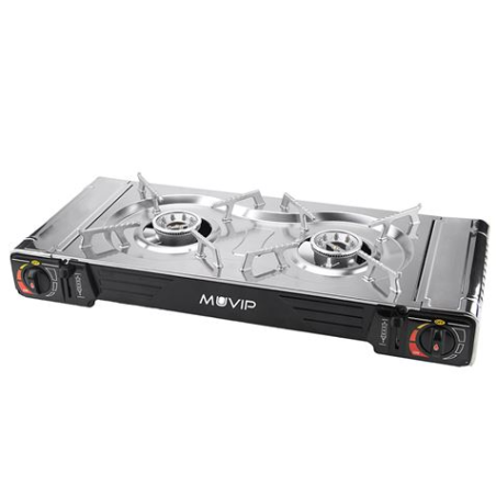 Cuisinière à gaz portable Muvip 2 brûleurs - Double cylindre - Allumage automatique - Brûleur en aluminium - Double valve étanch