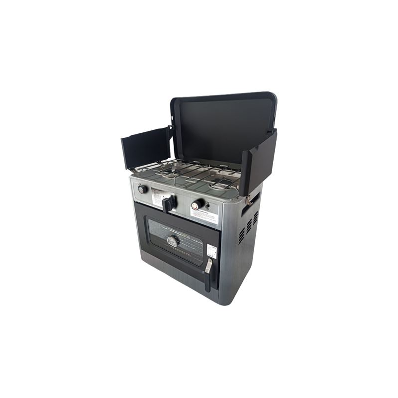 Cuisinière à gaz 2 feux Muvip - Couvercle de protection - Four 15 litres - Système de sécurité - Pare-vent - 49 x 34 x 45,5 cm -