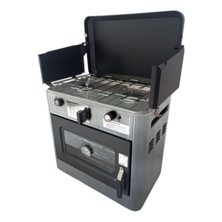 Cuisinière à gaz 2 feux Muvip - Couvercle de protection - Four 15 litres - Système de sécurité - Pare-vent - 49 x 34 x 45,5 cm -