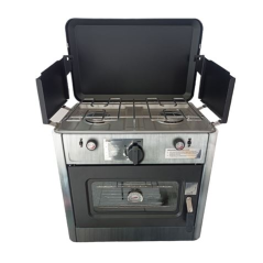 Cuisinière à gaz 2 feux Muvip - Couvercle de protection - Four 15 litres - Système de sécurité - Pare-vent - 49 x 34 x 45,5 cm -