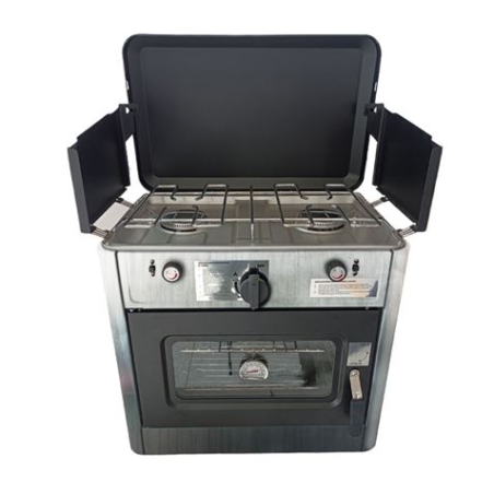 Cuisinière à gaz 2 feux Muvip - Couvercle de protection - Four 15 litres - Système de sécurité - Pare-vent - 49 x 34 x 45,5 cm -