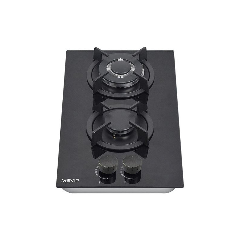 Cuisinière à gaz encastrable Muvip MV0627 - 2 zones de cuisson de 26 cm - Brûleur et supports en fonte - Vitre trempée haute rés