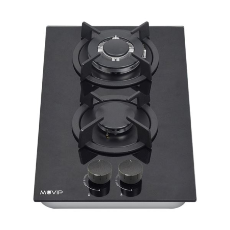 Cuisinière à gaz encastrable Muvip MV0627 - 2 zones de cuisson de 26 cm - Brûleur et supports en fonte - Vitre trempée haute rés