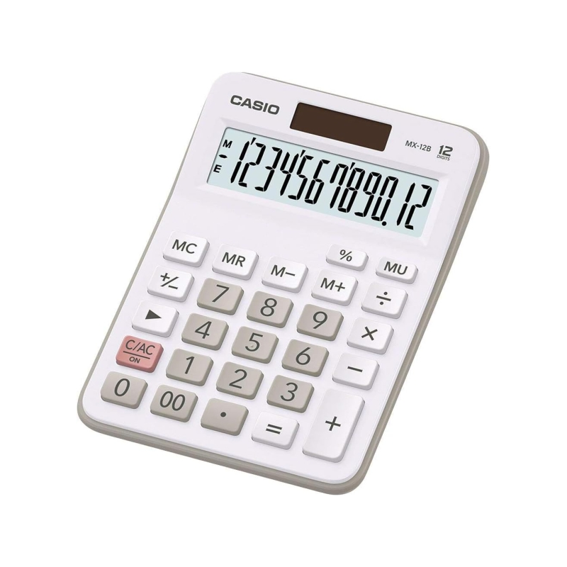 Casio MX-12B Calculadora de Escritorio Pequeña - Pantalla LCD de 12 Digitos - Solar y Pilas - Color Blanco