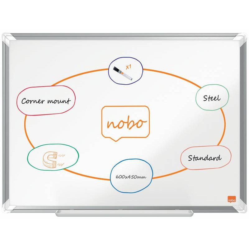 Nobo Premium Plus Tableau Blanc Magnétique en Acier Laqué 600x450mm - Montage en Angle - Surface Effaçable Facile - Couleur