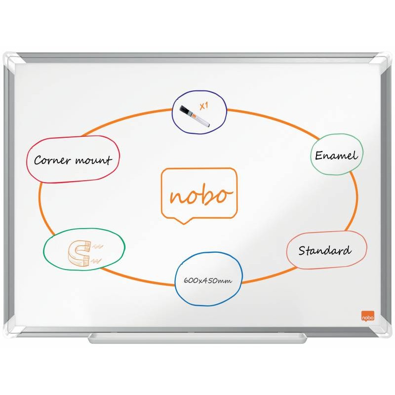 Nobo Premium Plus Tableau Blanc Magnétique en Acier Émaillé 600x450mm - Montage en Angle - Surface Effaçable par le Haut