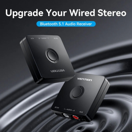 Adaptateur audio sans fil Vention - Boîtier ABS - Bluetooth 5.1 - 2 ports RCA - Prise jack 3,5 mm - Portée de 10 m - Câble de ch