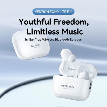 Écouteurs intra-auriculaires sans fil Vention Echo Lite E11 Plus - Bluetooth 6.0 - Jusqu'à 6 heures d'autonomie - Boîtier de cha