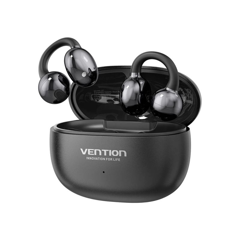 Écouteurs intra-auriculaires sans fil Vention A11 à clip - Bluetooth 6.0 - Portée de 10 m - Boîtier de charge 400 mAh - Noir