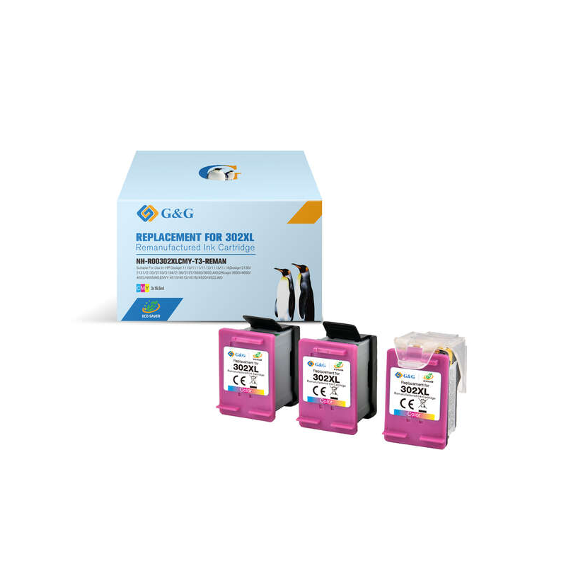 G&G HP 302XL Color Pack de 3 cartouches d'encre remanufacturées - Eco Saver - Affiche le niveau d'encre - Remplace F6U67AE/F6U65