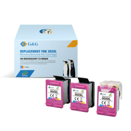 G&G HP 302XL Color Pack de 3 cartouches d'encre remanufacturées - Eco Saver - Affiche le niveau d'encre - Remplace F6U67AE/F6U65
