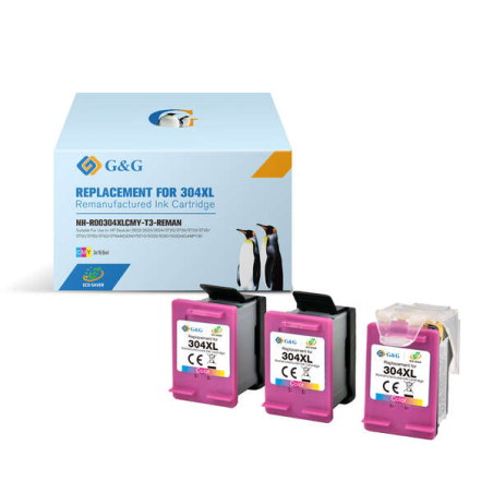 G&G HP 304XL Color Pack de 3 cartouches d'encre remanufacturées - Eco Saver - Affiche le niveau d'encre - Remplace N9K07AE/N9K05