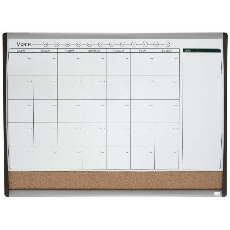 Nobo Petit Agenda Tableau Magnétique avec Tableau d'Affichage en Liège 585x430mm - Hebdomadaire et Mensuel - Cadre Argenté et