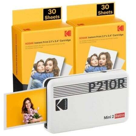 Pack Imprimante Photo Portable Bluetooth Rétro Kodak Mini 2 + 60 Feuilles de Papier Photo - Format d'impression 5,3x8,6 cm - Ali