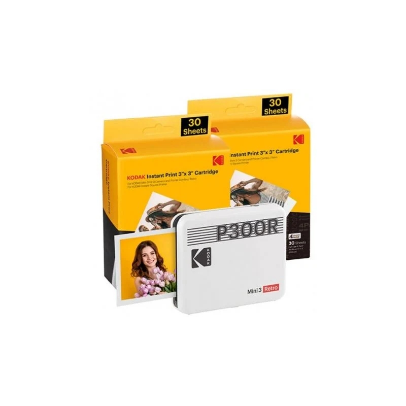 Pack Imprimante Photo Portable Bluetooth Rétro Kodak Mini 3 + 60 Feuilles de Papier Photo - Format d'impression 7,62x7,62 cm - A