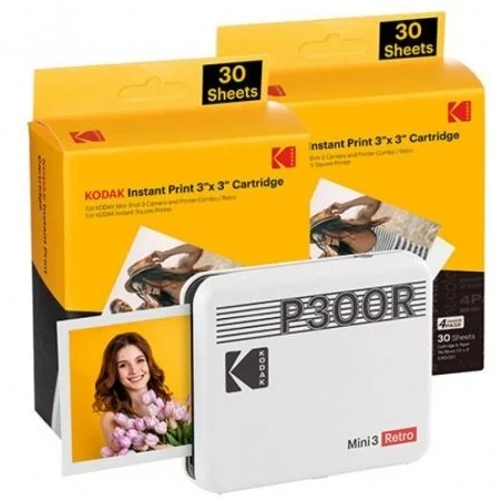 Pack Imprimante Photo Portable Bluetooth Rétro Kodak Mini 3 + 60 Feuilles de Papier Photo - Format d'impression 7,62x7,62 cm - A