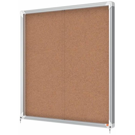 Nobo Vitrine Intérieure pour 12 Feuilles A4 avec Surface en Liège et Porte Coulissante - 997x972x54mm - Panneau de Liège, Verre