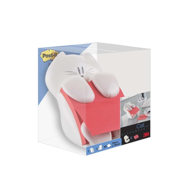 Distributeur de notes Post-It Super Sticky avec bloc de 90 notes Z - Distributeur chat - Forme carrée - 76 x 76 mm - Blanc