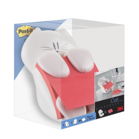 Distributeur de notes Post-It Super Sticky avec bloc de 90 notes Z - Distributeur chat - Forme carrée - 76 x 76 mm - Blanc