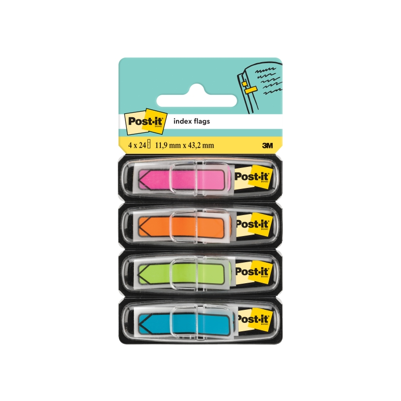 Distributeurs Post-It Index, lot de 4, avec 24 marqueurs index repositionnables - Forme rectangulaire - Couleurs assorties