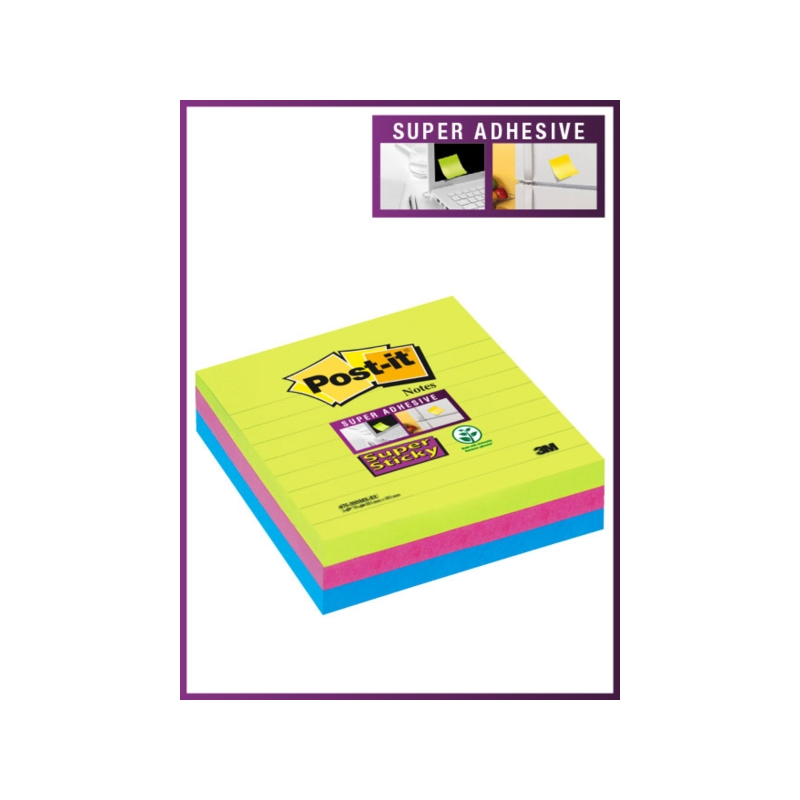 Post-It Super Sticky Pack de 3 blocs de 70 notes autocollantes repositionnables - 101 x 101 mm - 100 % PEFC - Couleurs assorties