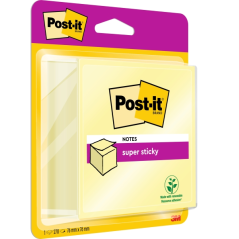 Cube de 270 notes autocollantes repositionnables Post-It Super Sticky - 76 x 76 mm - 100 % PEFC - Jaune clair