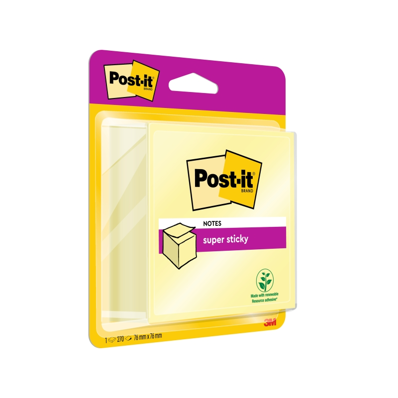 Cube de 270 notes autocollantes repositionnables Post-It Super Sticky - 76 x 76 mm - 100 % PEFC - Jaune clair