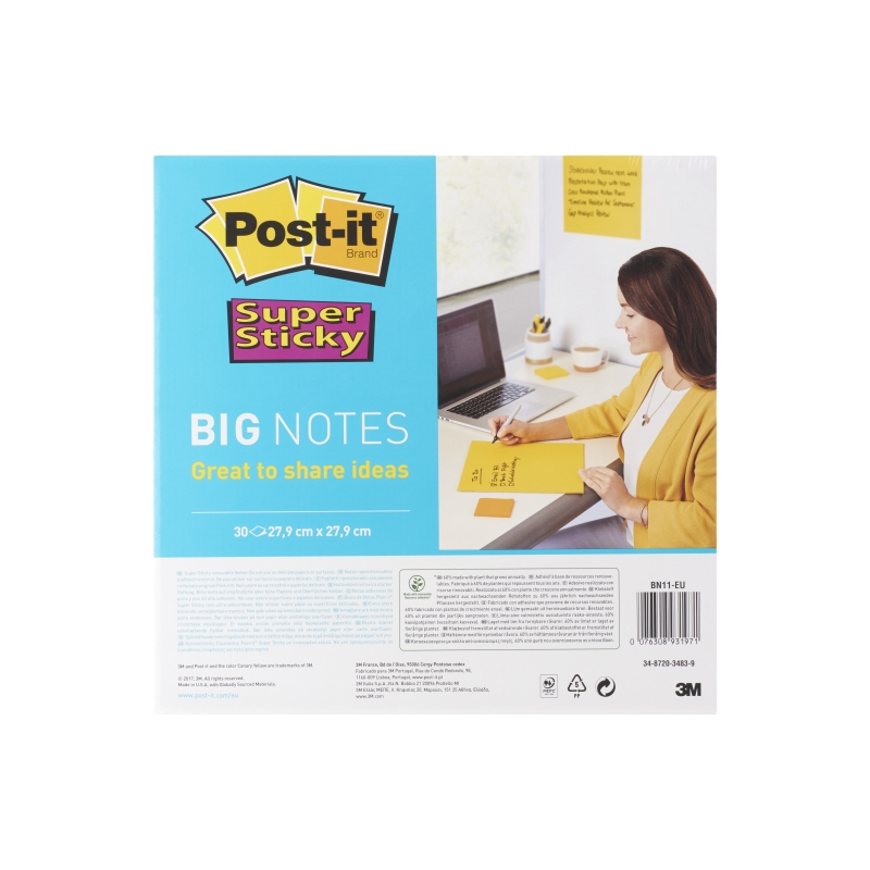 Bloc de 30 notes adhésives repositionnables Post-It Super Sticky - Forme carrée - 279 x 279 mm - Jaune clair