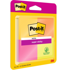 Post-It Super Sticky Pack de 4 blocs de 45 notes autocollantes repositionnables - 47,6 x 47,6 mm - 100 % PEFC - Couleurs assorti