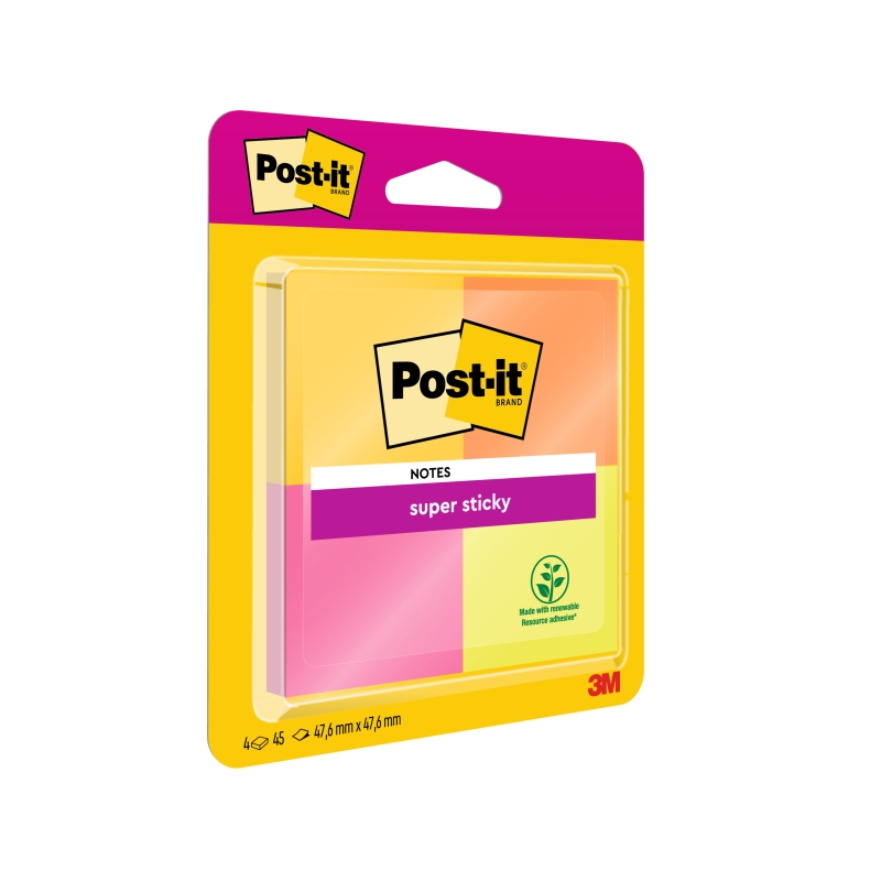 Post-It Super Sticky Pack de 4 blocs de 45 notes autocollantes repositionnables - 47,6 x 47,6 mm - 100 % PEFC - Couleurs assorti