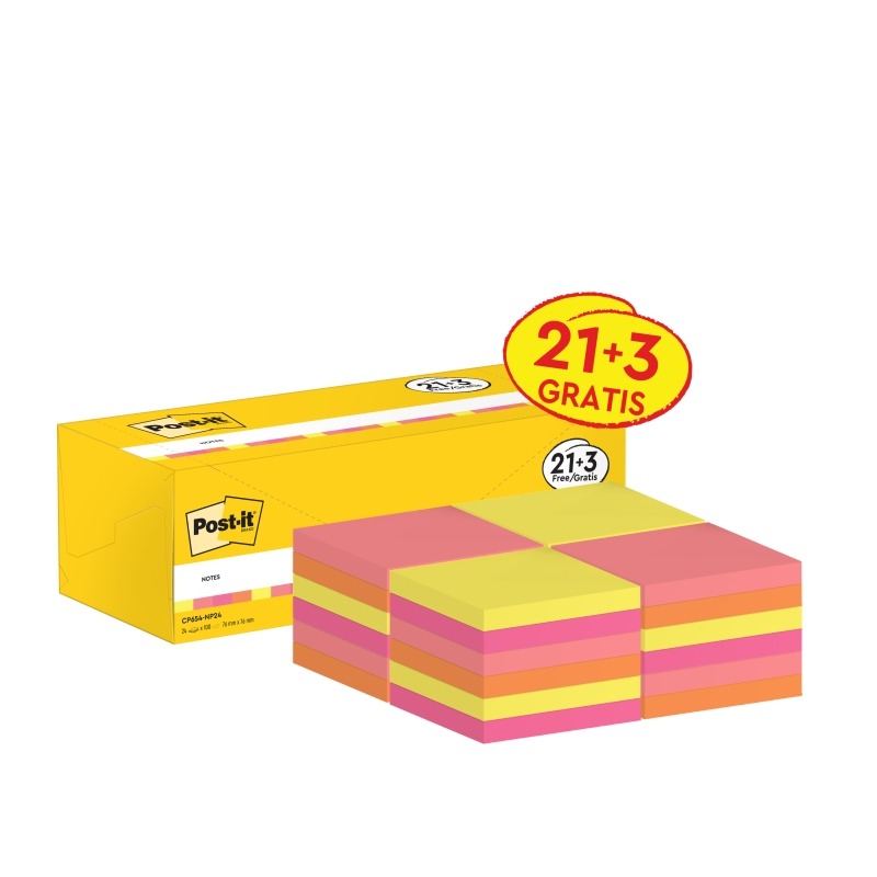 Pack de 24 blocs de 100 notes autocollantes repositionnables Post-It - Forme carrée - 76 x 76 mm - Couleurs assorties