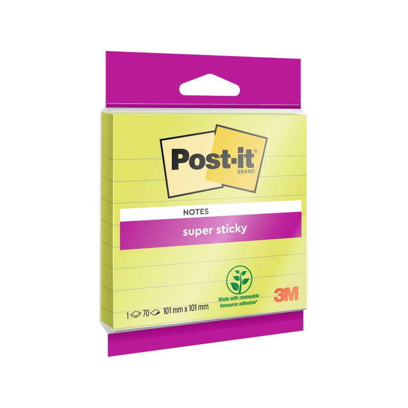 Bloc de 70 notes autocollantes Post-It Super Sticky, lignées, repositionnables, 101 x 101 mm, vert