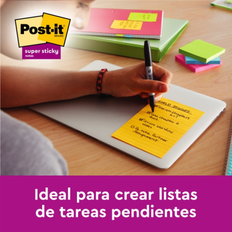 Bloc de 70 notes autocollantes Post-It Super Sticky, lignées, repositionnables, 101 x 101 mm, vert