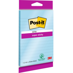 Bloc de 90 notes autocollantes repositionnables Post-It Super Sticky - Lignées - 102 x 152 mm - Bleu