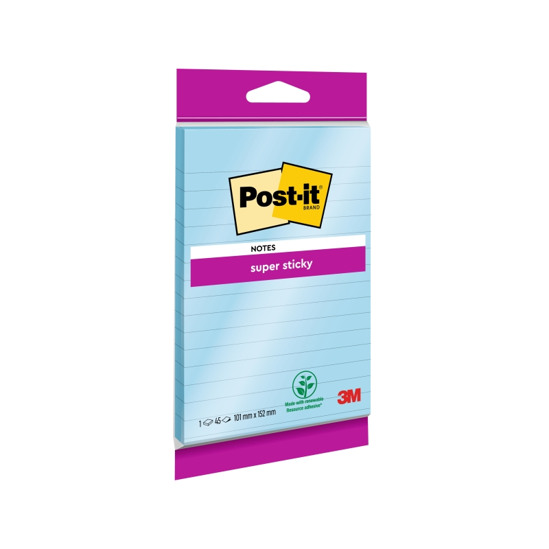 Bloc de 90 notes autocollantes repositionnables Post-It Super Sticky - Lignées - 102 x 152 mm - Bleu