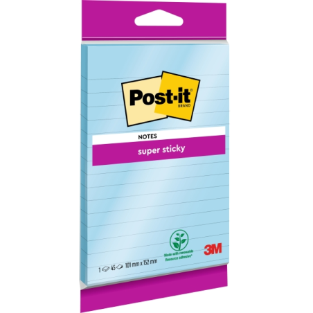 Bloc de 90 notes autocollantes repositionnables Post-It Super Sticky - Lignées - 102 x 152 mm - Bleu