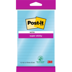 Bloc de 90 notes autocollantes repositionnables Post-It Super Sticky - Lignées - 102 x 152 mm - Bleu