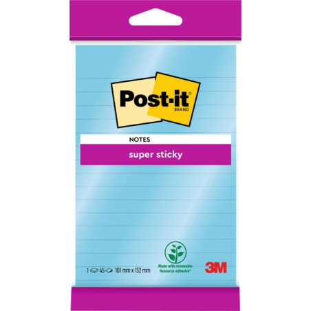 Bloc de 90 notes autocollantes repositionnables Post-It Super Sticky - Lignées - 102 x 152 mm - Bleu
