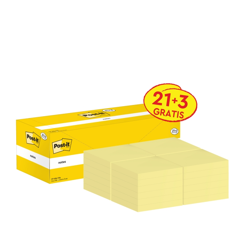 Pack de 24 blocs de 100 notes autocollantes repositionnables Post-It - Forme carrée - 76 x 76 mm - Jaune clair