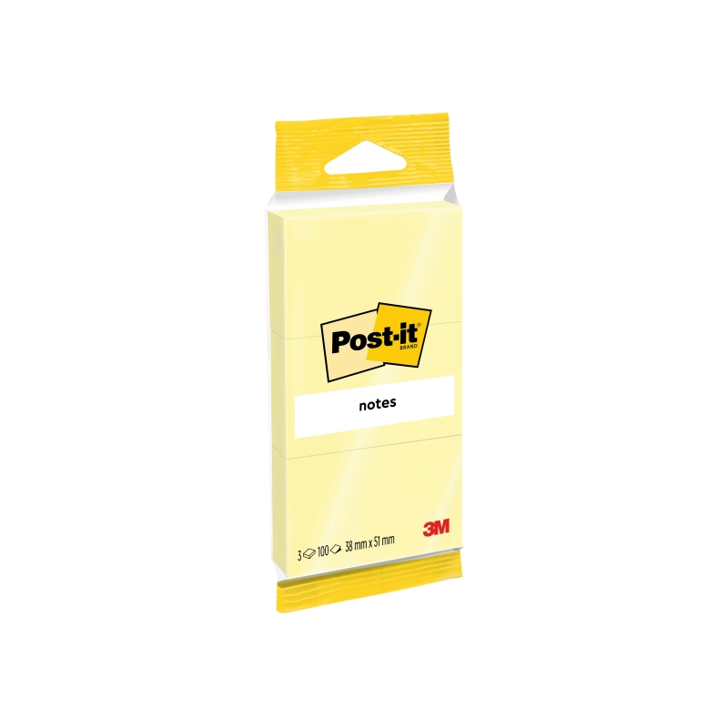 Post-It Pack de 3 Blocs de 100 Notes Repositionnables - 38x51mm - 100% PEFC - Jaune Clair