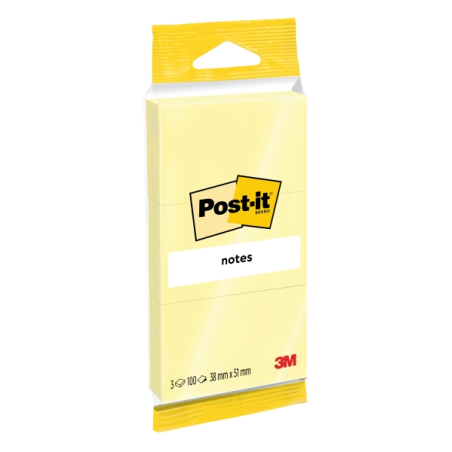 Post-It Pack de 3 Blocs de 100 Notes Repositionnables - 38x51mm - 100% PEFC - Jaune Clair