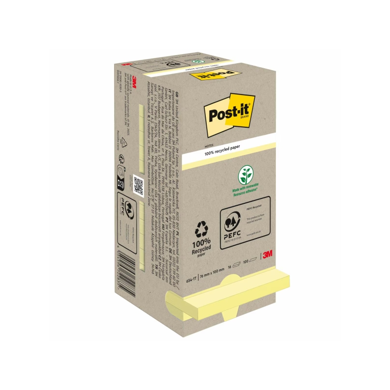 Lot de 16 blocs de 100 notes autocollantes recyclées Post-It - Forme carrée - 76 x 76 mm - Jaune clair