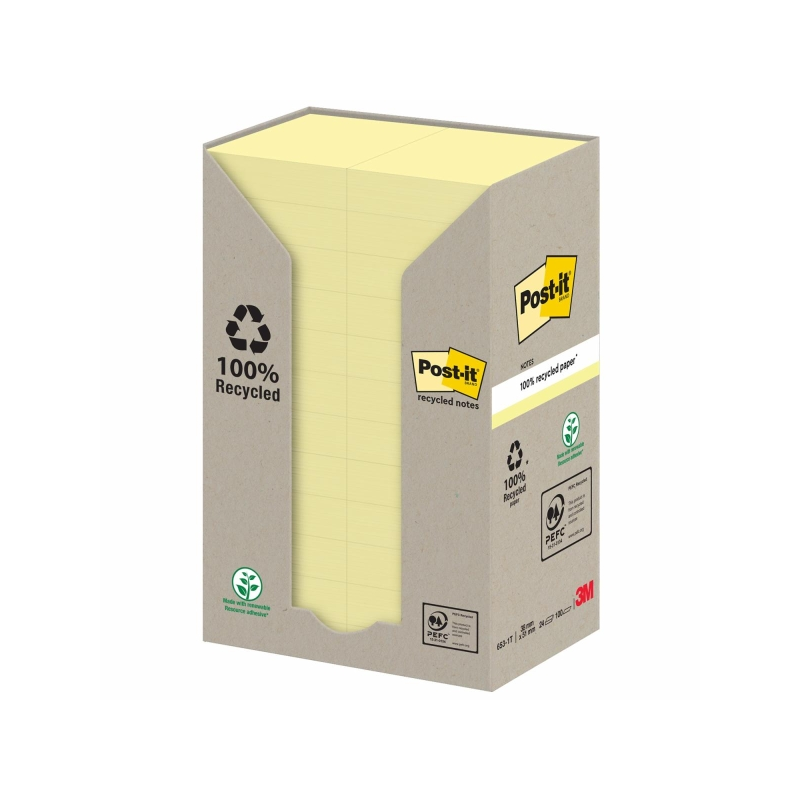 Post-It Pack de 24 blocs de 100 notes autocollantes recyclées - Forme rectangulaire - 51 x 38 mm - Jaune clair