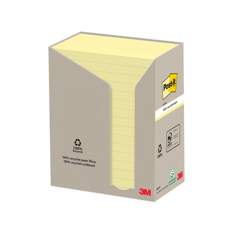 Post-It Pack de 16 blocs de 100 notes autocollantes recyclées - Forme rectangulaire - 76 x 127 mm - Jaune clair