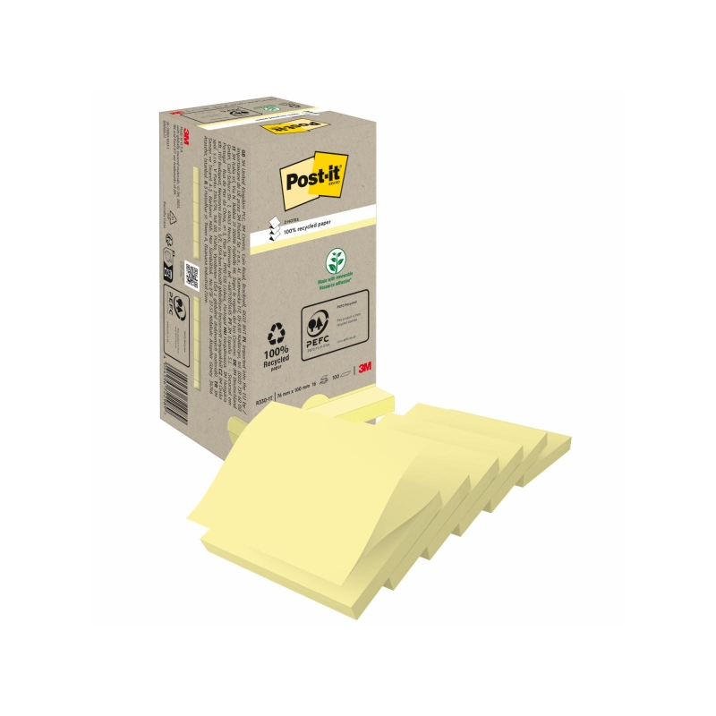 Lot de 16 blocs de 100 notes adhésives recyclées Post-It - Forme carrée - 76 x 76 mm - Jaune clair