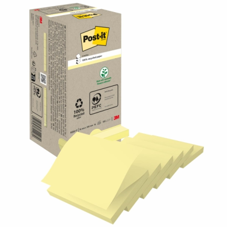 Lot de 16 blocs de 100 notes adhésives recyclées Post-It - Forme carrée - 76 x 76 mm - Jaune clair