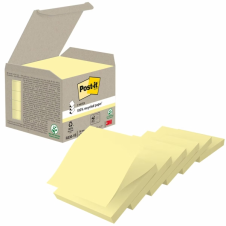 Lot de 6 blocs de 100 notes adhésives recyclées Post-It - Forme carrée - 76 x 76 mm - Jaune clair
